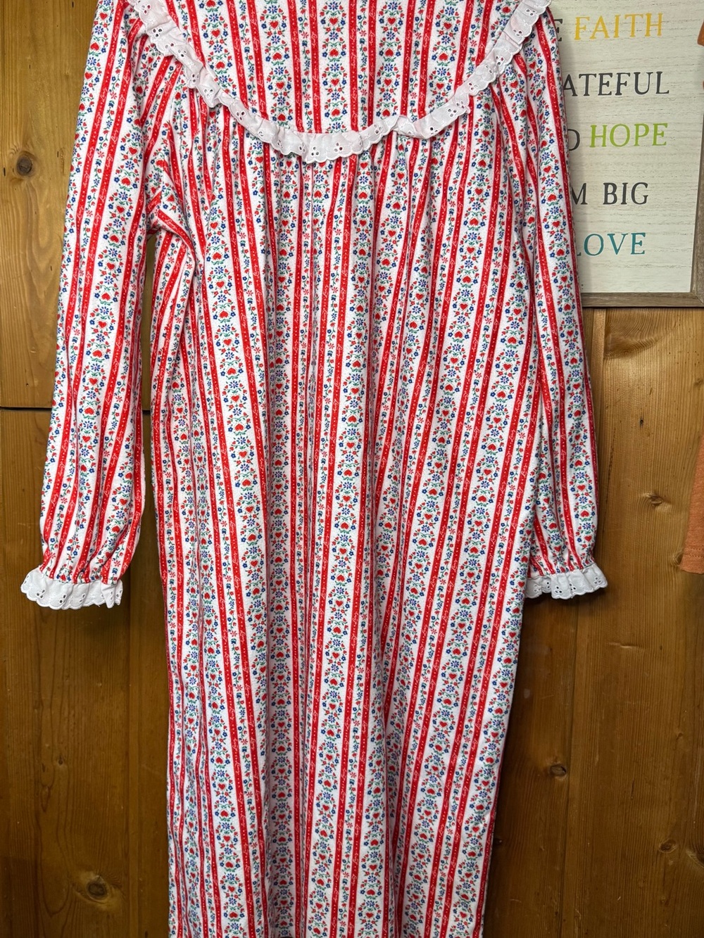 Girls' Red and White Floral Stripe Nightgown with Lace Ruffle